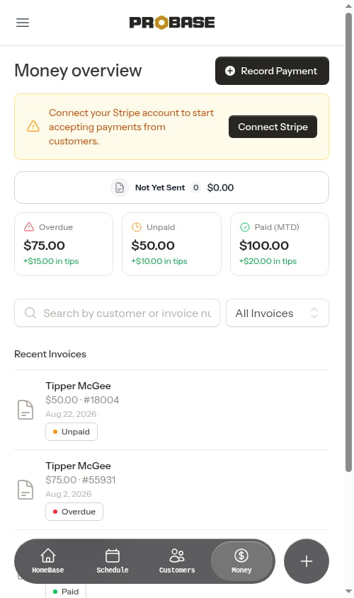 Summary cards with tip rollup amounts