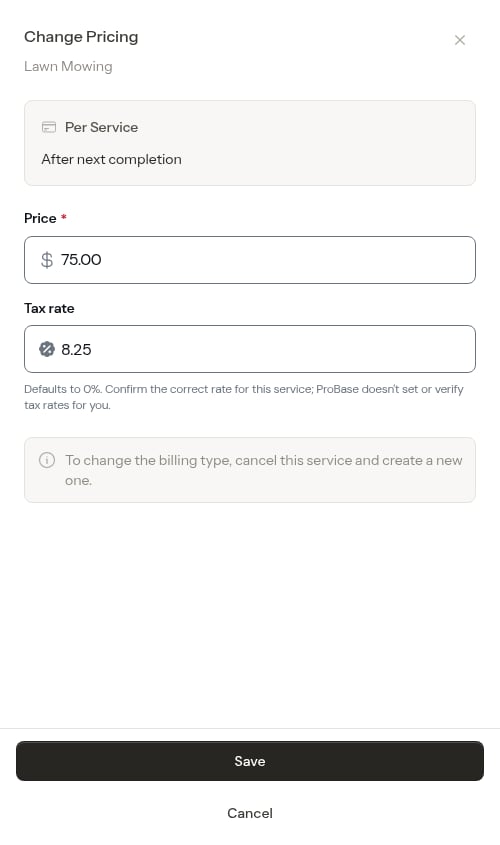 Change pricing modal with the redesigned tax rate field