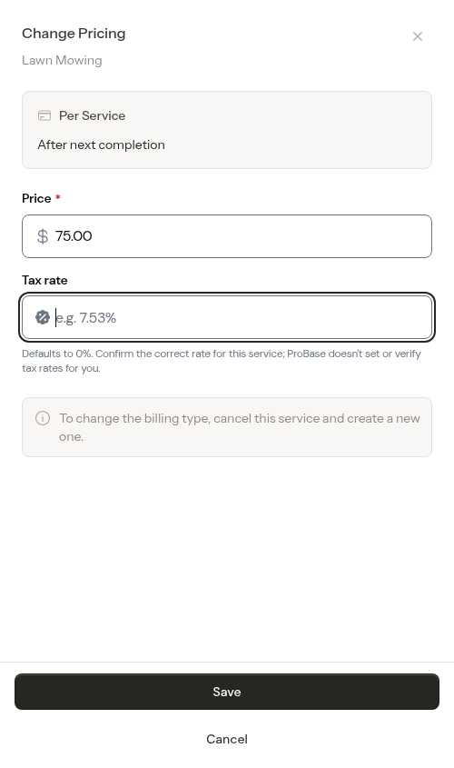 Change pricing modal with the tax rate cleared