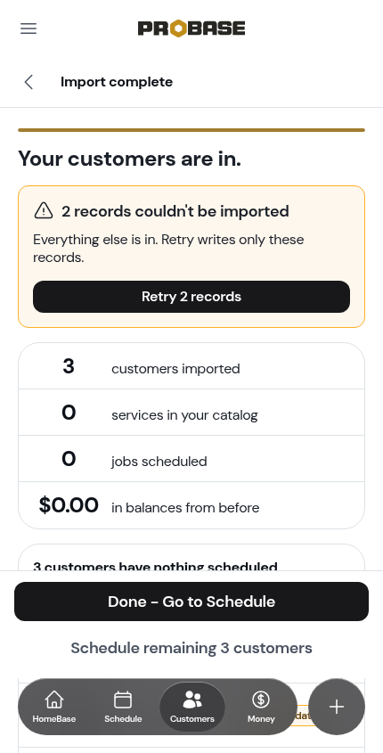 The summary naming records that couldn't be imported