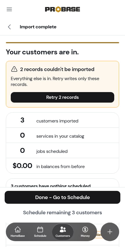 The summary naming records that couldn't be imported