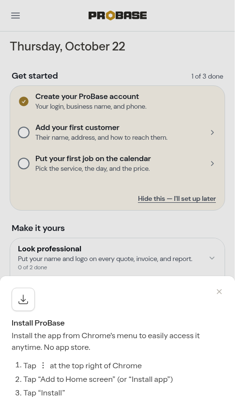 The Install ProBase sheet with Chrome-menu steps