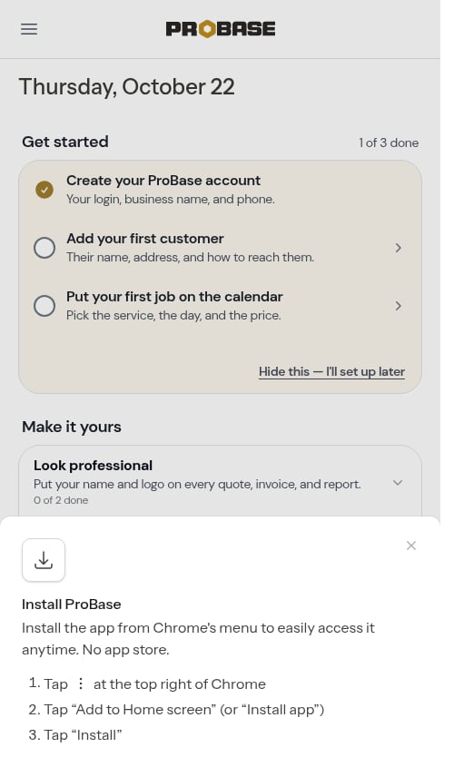 The Install ProBase sheet with Chrome-menu steps