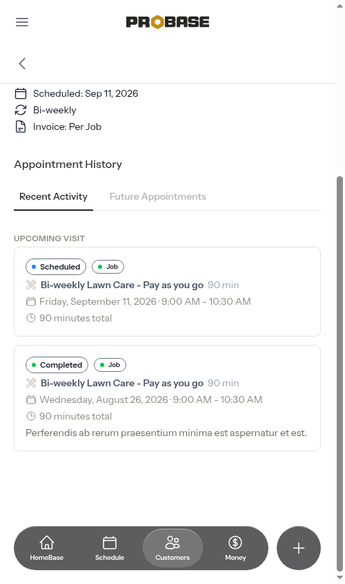 Recent Activity tab with the next visit pinned at the top