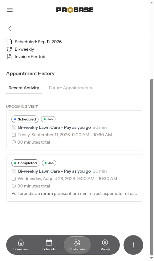 Recent Activity tab with the next visit pinned at the top