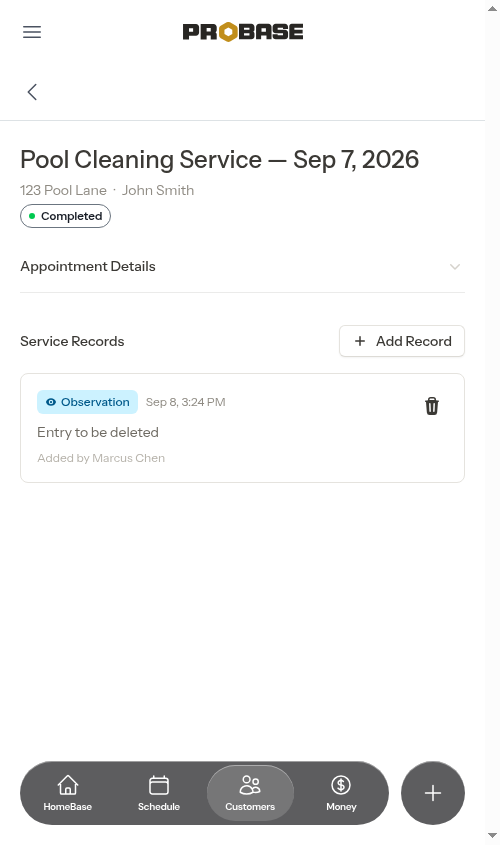Service records on a completed appointment