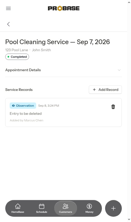 Service records on a completed appointment
