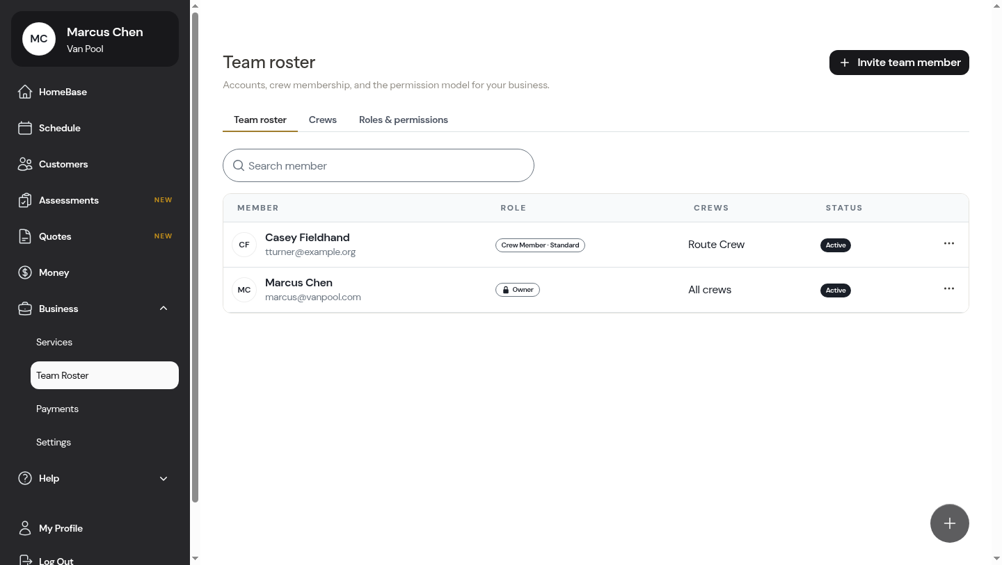 The Team Roster page