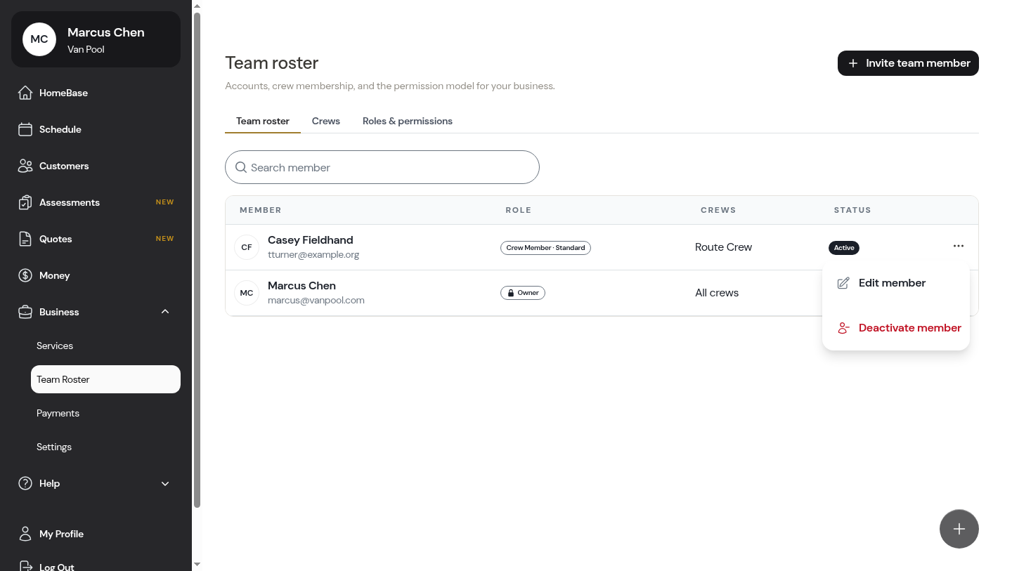 The member actions menu