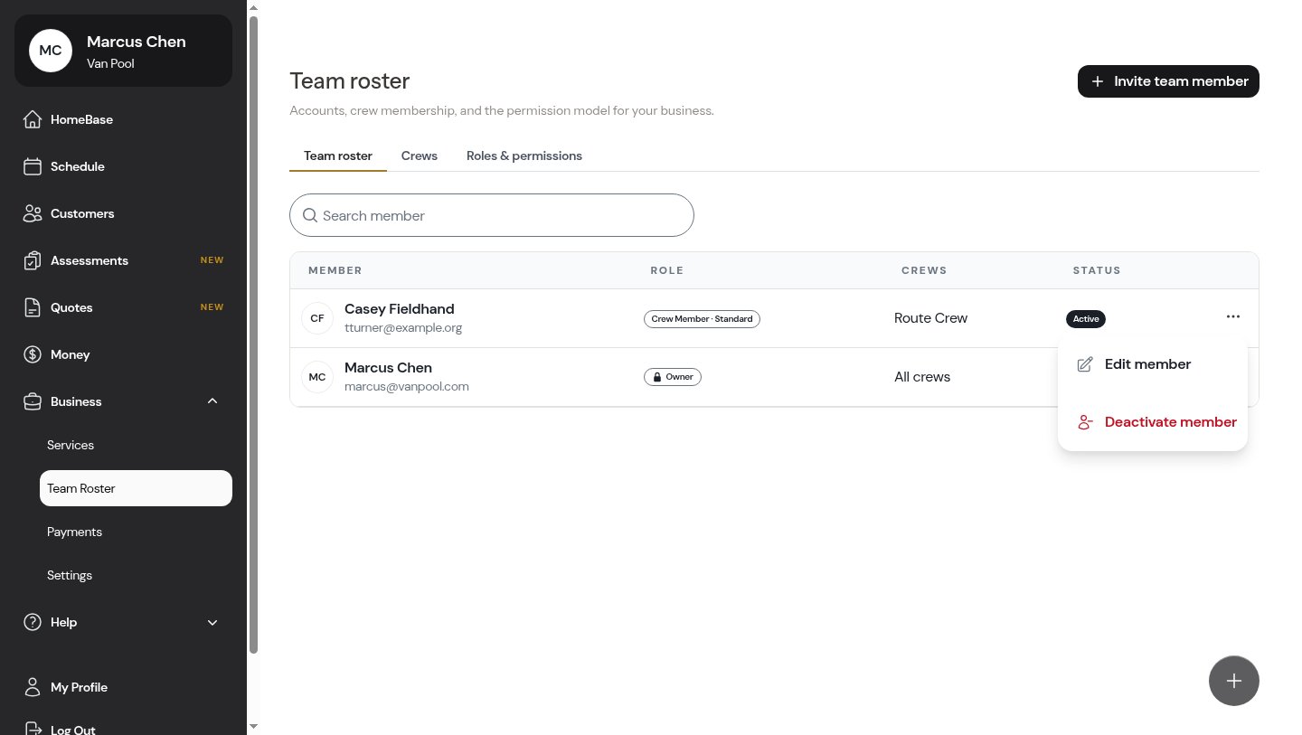 The member actions menu