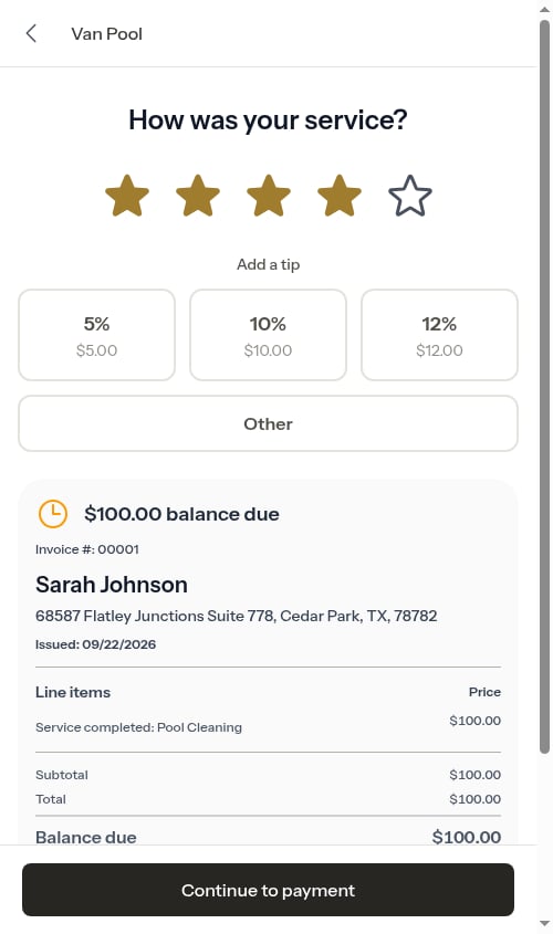 Customer review screen showing the pro's custom percentages