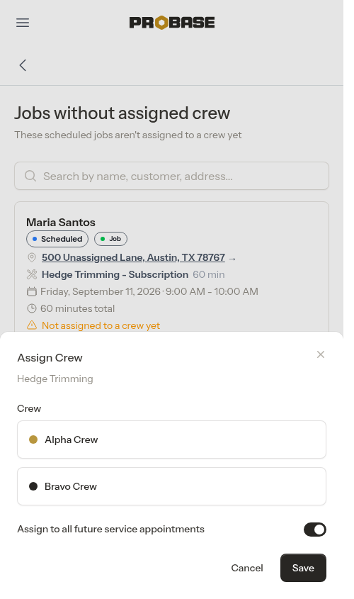 Assign Crew modal opened from the list
