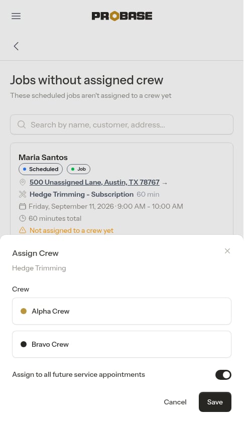 Assign Crew modal opened from the list