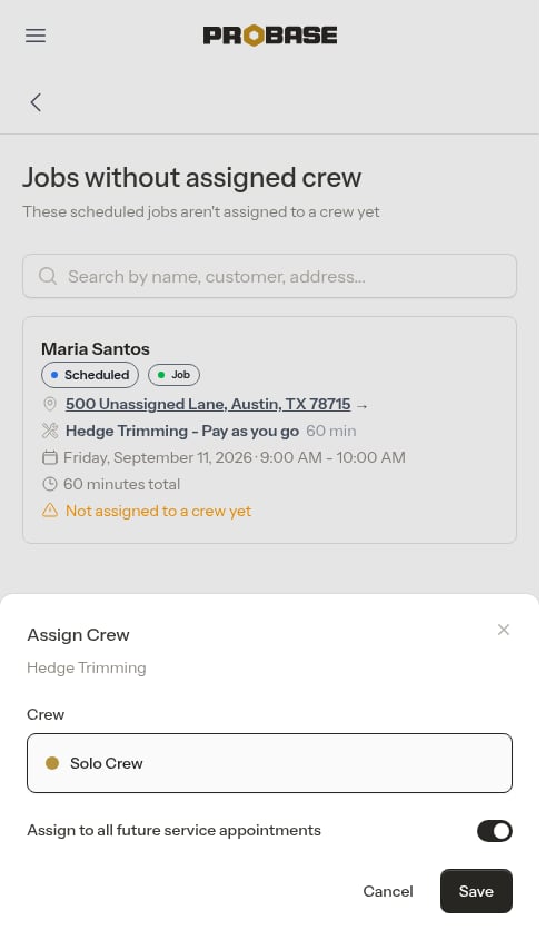 Single crew pre-selected in the Assign Crew modal