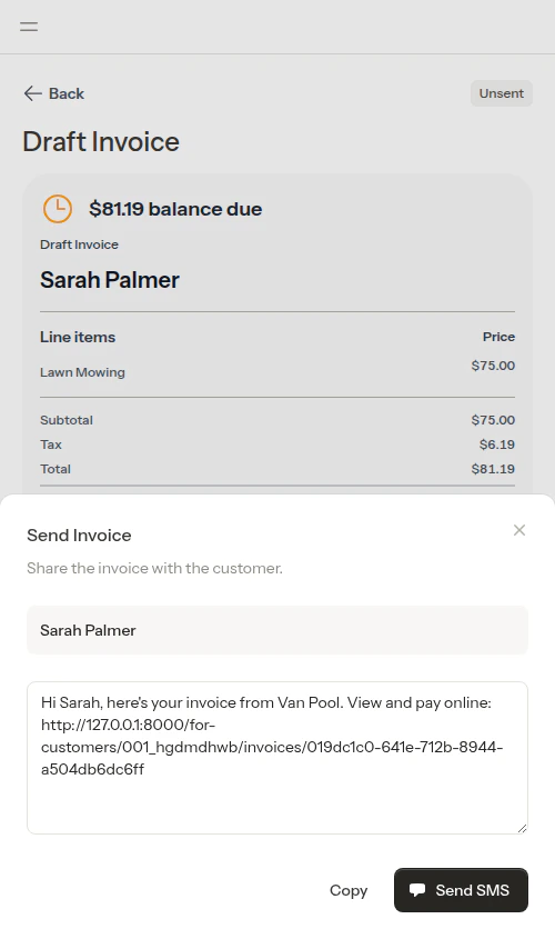 SMS compose modal with payment link