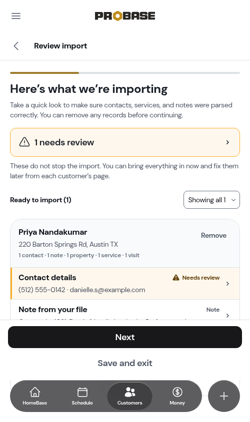 A customer's contact row flagged for a missing ZIP code