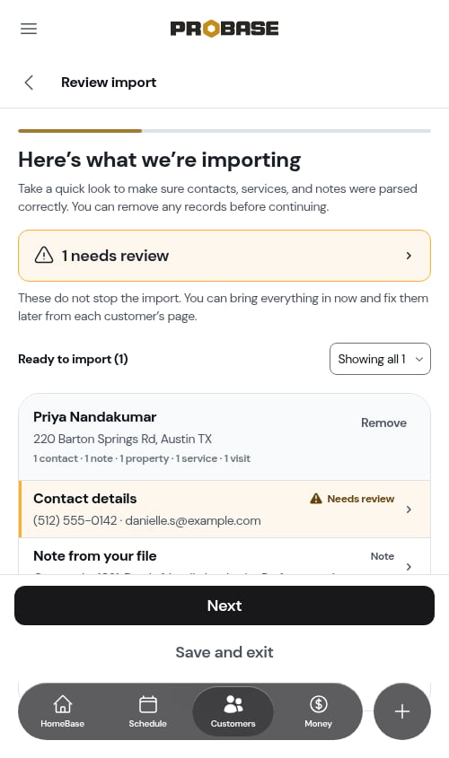 A customer's contact row flagged for a missing ZIP code