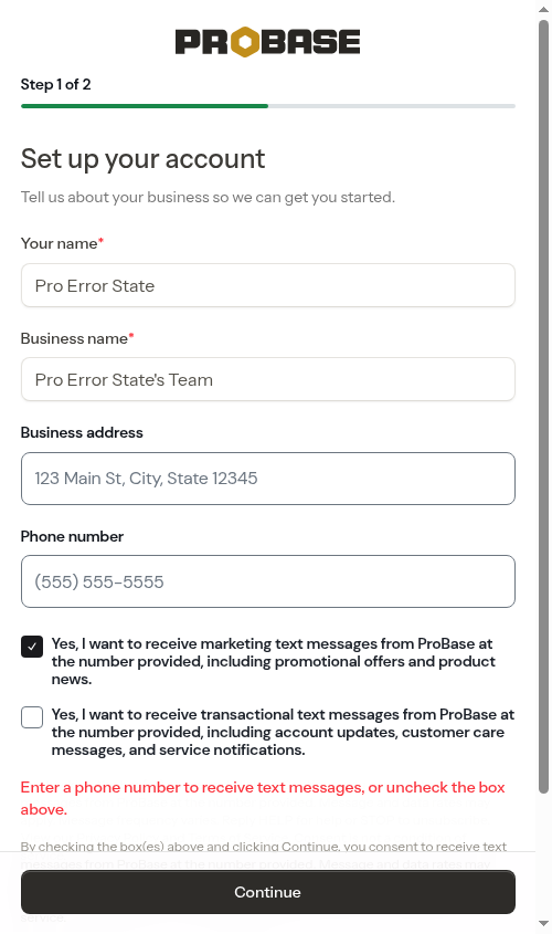 Inline prompt when a consent box is ticked without a phone number