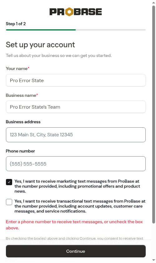 Inline prompt when a consent box is ticked without a phone number
