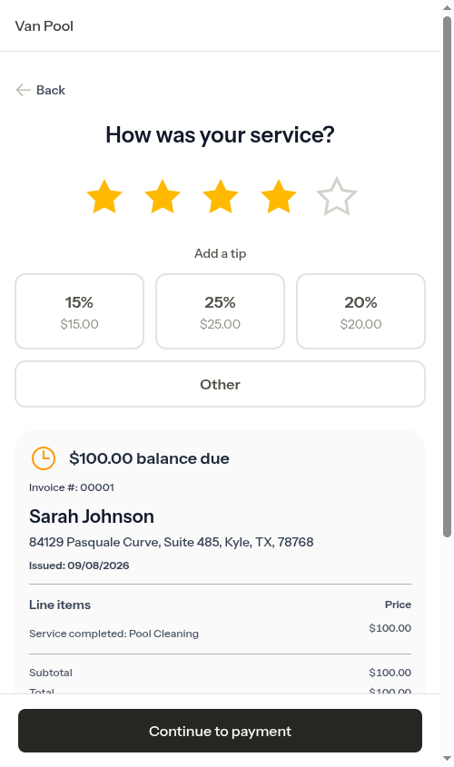 Service review screen with rating and tip presets
