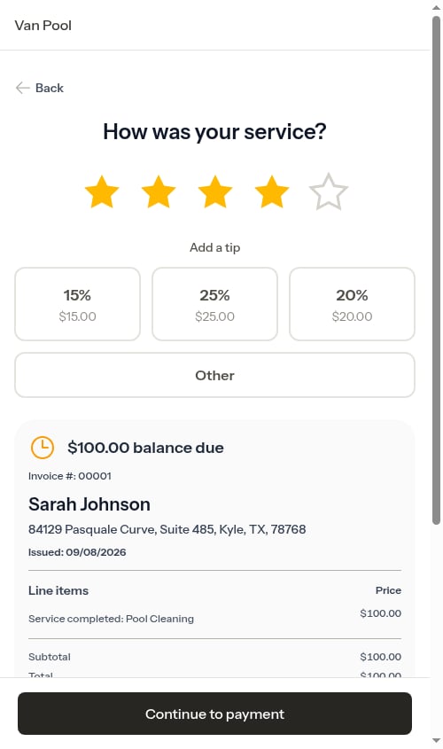 Service review screen with rating and tip presets