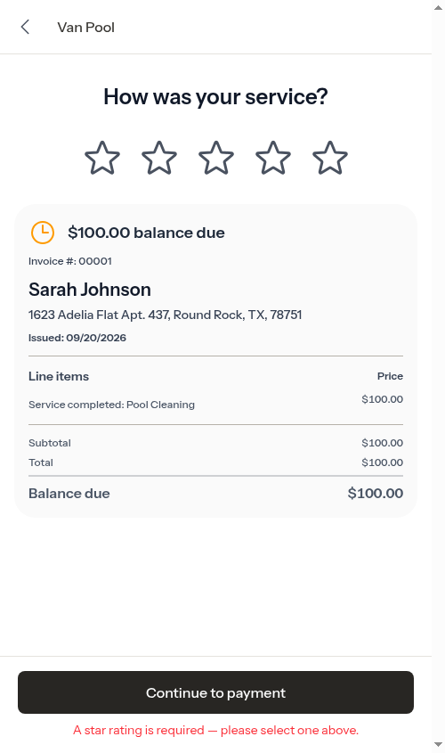 The required-rating message under the Continue to payment button