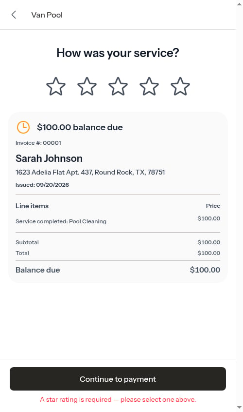 The required-rating message under the Continue to payment button
