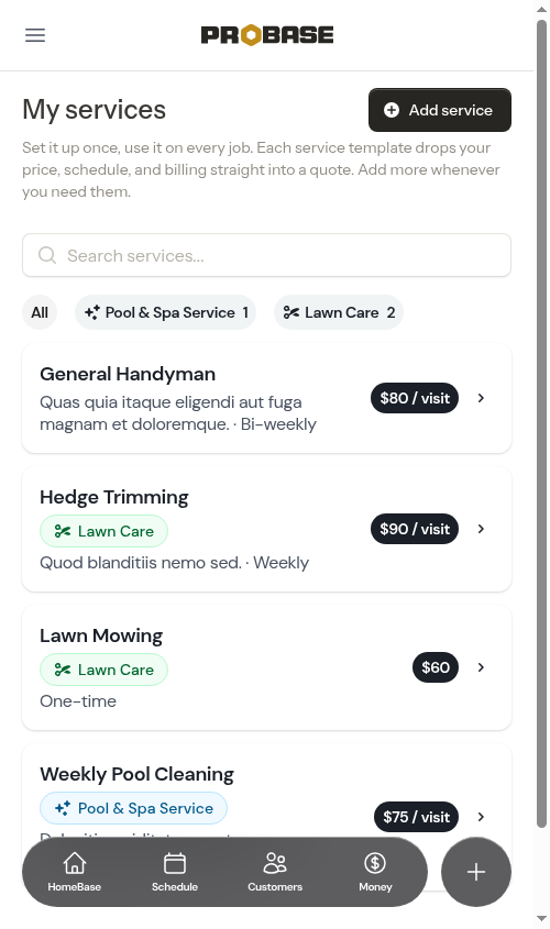 Service catalog with trade chips and filter pills