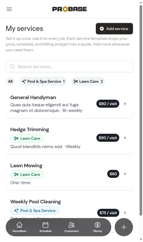Service catalog with trade chips and filter pills