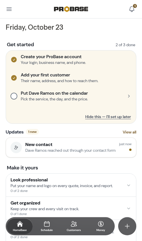 The Updates section on HomeBase