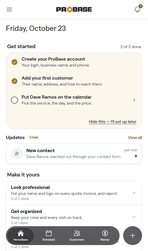 The Updates section on HomeBase