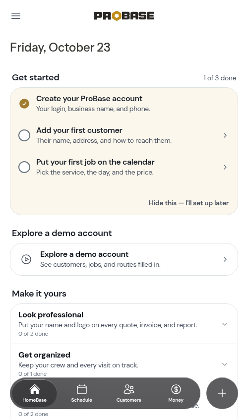 The Explore a demo account row on HomeBase