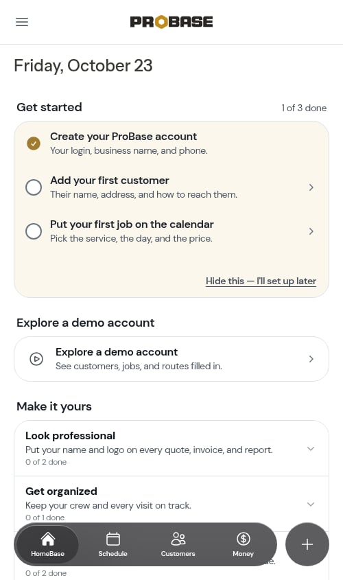 The Explore a demo account row on HomeBase