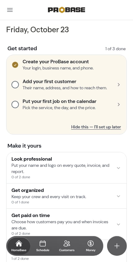 The Get started checklist on HomeBase