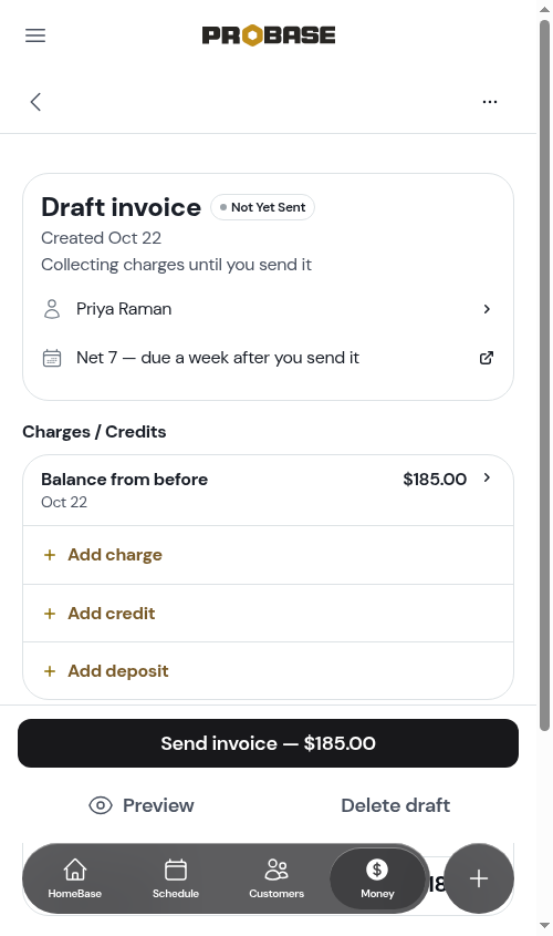 The carried-over balance on the customer's draft invoice
