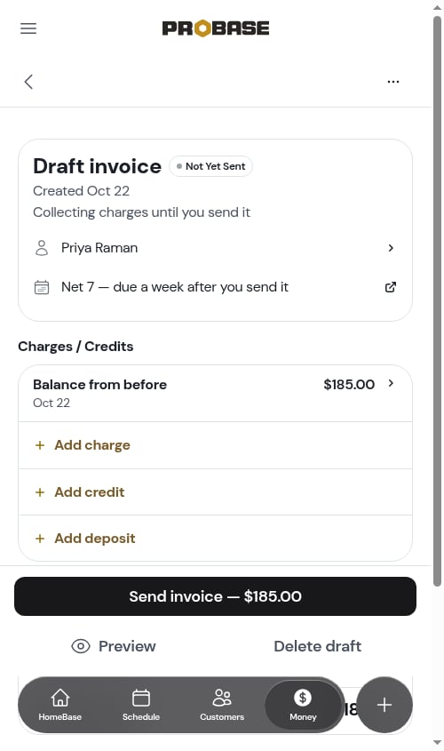 The carried-over balance on the customer's draft invoice
