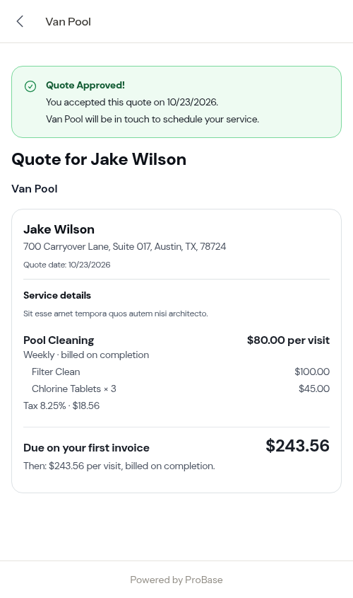 The same quote after the customer approved it