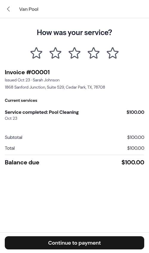 Service review screen with star rating