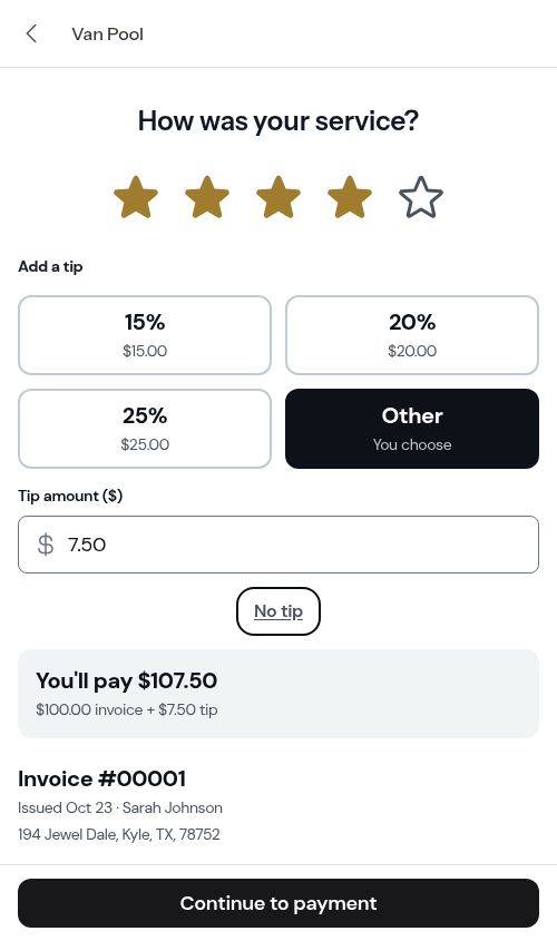 Custom tip amount entered
