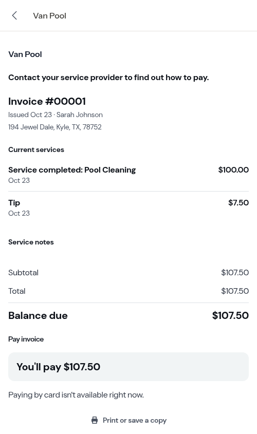 Invoice on the payment page after a custom tip was added
