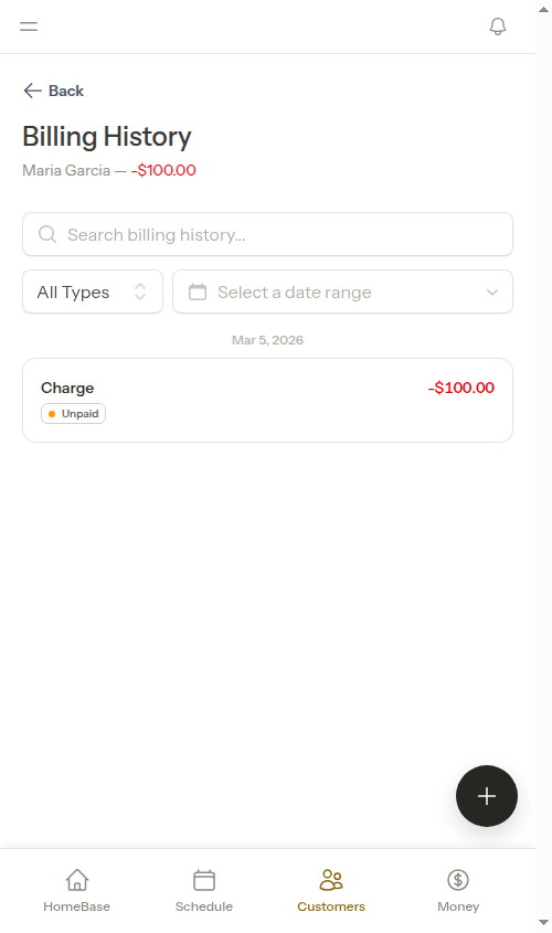 Billing page showing customer balance
