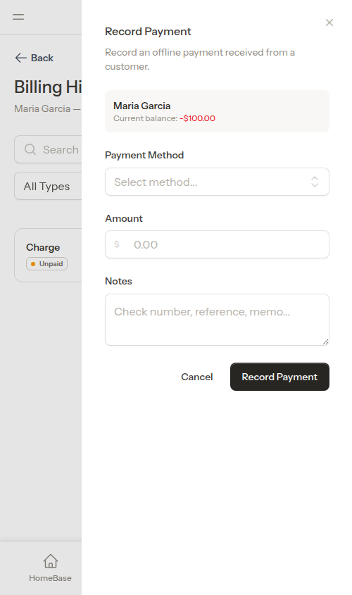Record payment flyout open