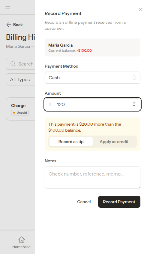 Overpayment prompt with tip or credit options