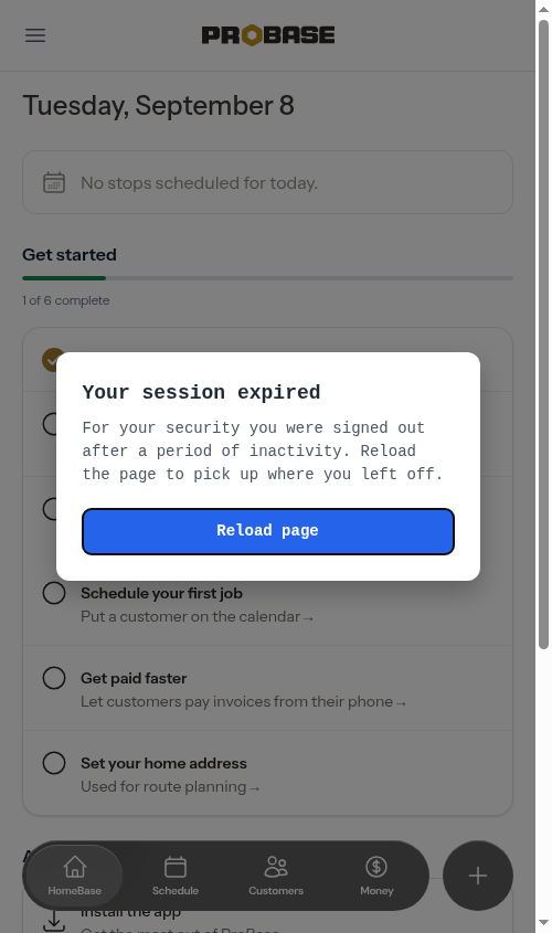 The friendly session-expired prompt with a Reload page button