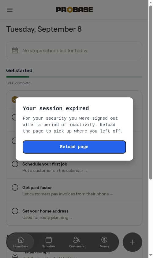 The friendly session-expired prompt with a Reload page button