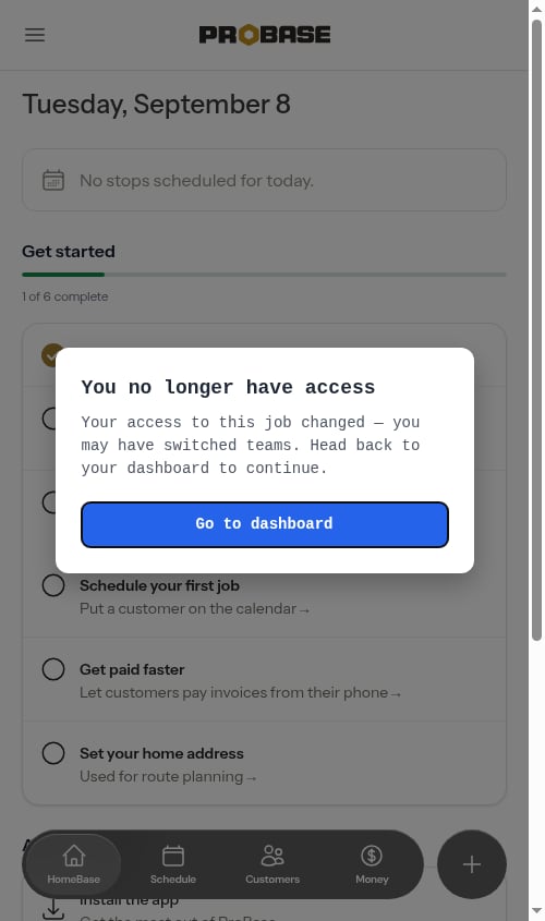 The friendly "You no longer have access" prompt with a Go to dashboard button