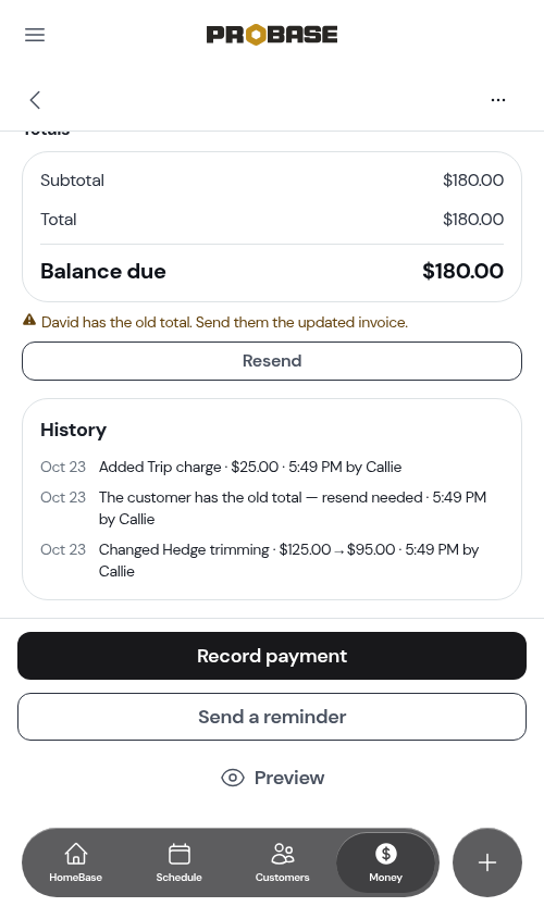 The History card on an invoice