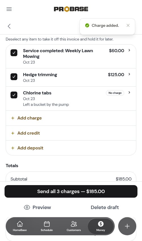 A no-charge line on the invoice, with its description beneath the title