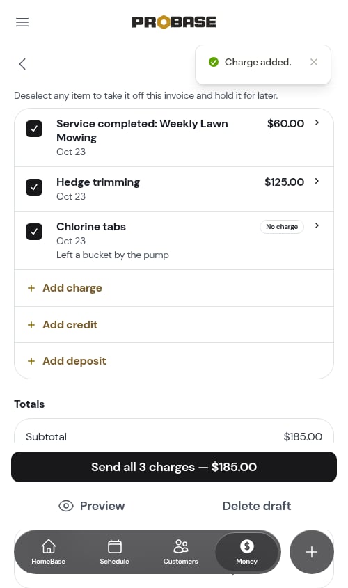 A no-charge line on the invoice, with its description beneath the title