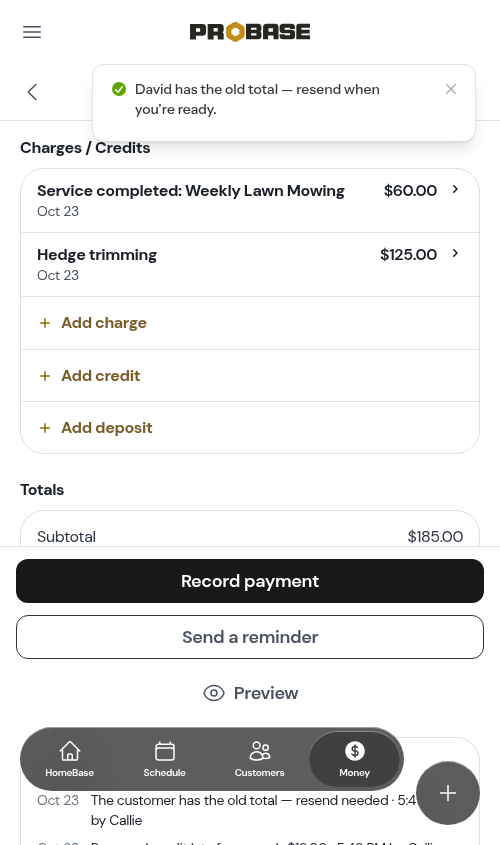 A credit removed from a sent invoice, with the reminder to resend